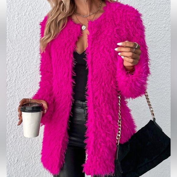 Cozy Faux Vegan Fur Open Front Jacket Coat Hot Pink - Picture 6 of 14